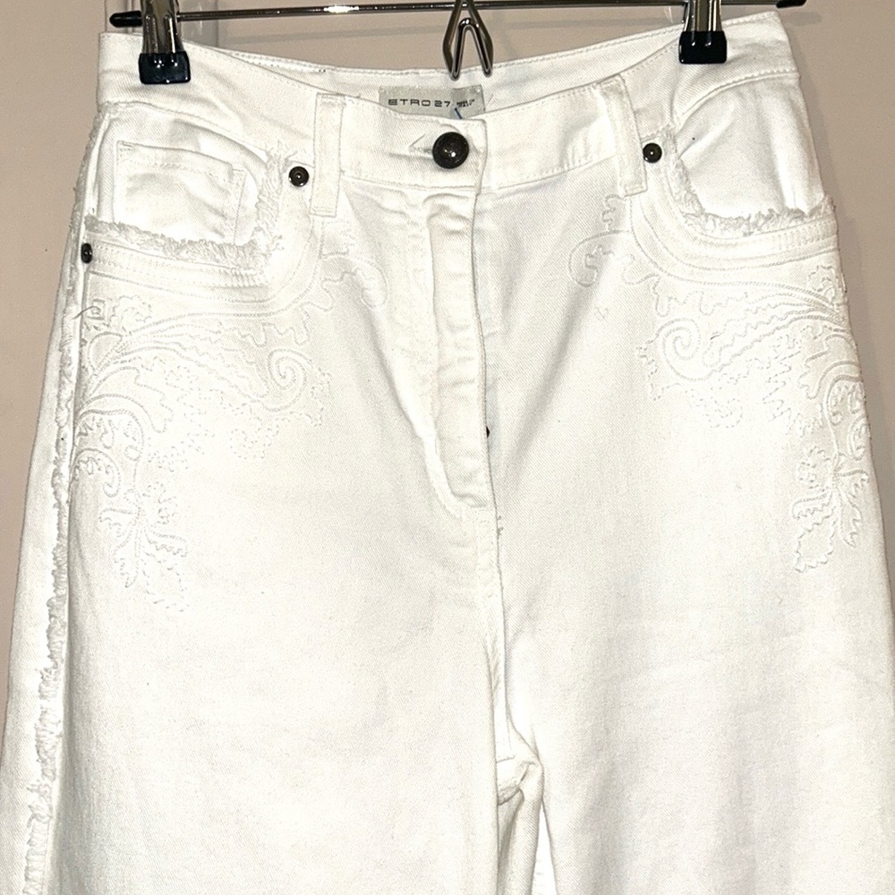 Rare ETRO Sz 27 x 34 white cotton embroidered wideleg Jean fringe edge hi waist - Picture 14 of 15